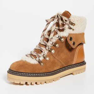 See By Chloe Eilieen Shearling Lined Suede and Leather Ankle Boots Size IT36